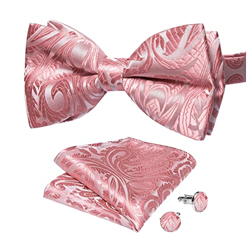 Image of DiBanGu Paisley Pre-Tied Bow Ties for Men Silk Adjustable Bowtie and Pocket Square Cufflinks for Wedding Party