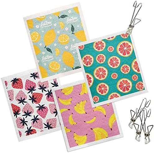 GONG GONG 4+4 Pcs Swedish Dishcloths for Kitchen 100% Biodegradable Eco-Friendly Cleaning Cloth Reusable Paper Towel for Washing Dishes 6.7×7.87Inches (Fruit)