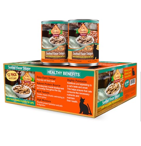 Image of Scoochie Pet Products Chef Scoochie's Tender Seafood Chunks in Gravy Wet Cat Food - Easy Open Pop-Top Cans - Protein & Essential Nutrients - Gourmet Meal for Indoor & Outdoor Cats 12 Cans (14 oz e.)