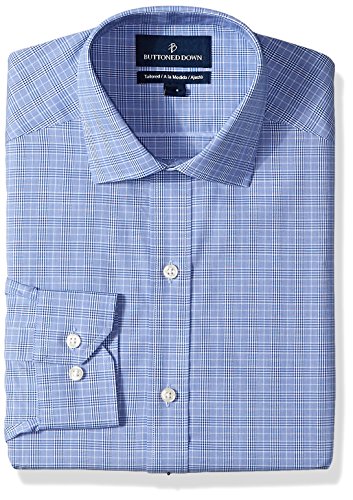 BUTTONED DOWN Men's Tailored Fit Spread-Collar Non-Iron Dress Shirt, Blue Glen Plaid, 19.5