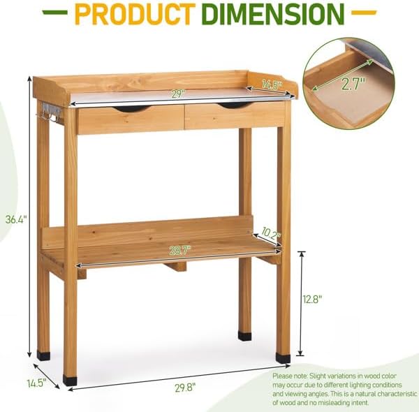 Outdoor Wooden Potting Bench Table for Garden, Metal Worktop Gardening Station with Storage Shelf, Drawers, Hooks, Natural Fir Planting Workbench