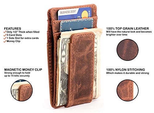 Mens Money Clip Wallet - Genuine Leather Money Clip Travel Wallet For Men - Rfid Blocking Wallet - Slim Wallet For Men With Money Clip & 5 Card Sleeves - Full Grain Leather Wallet With Money Clip #TOP1