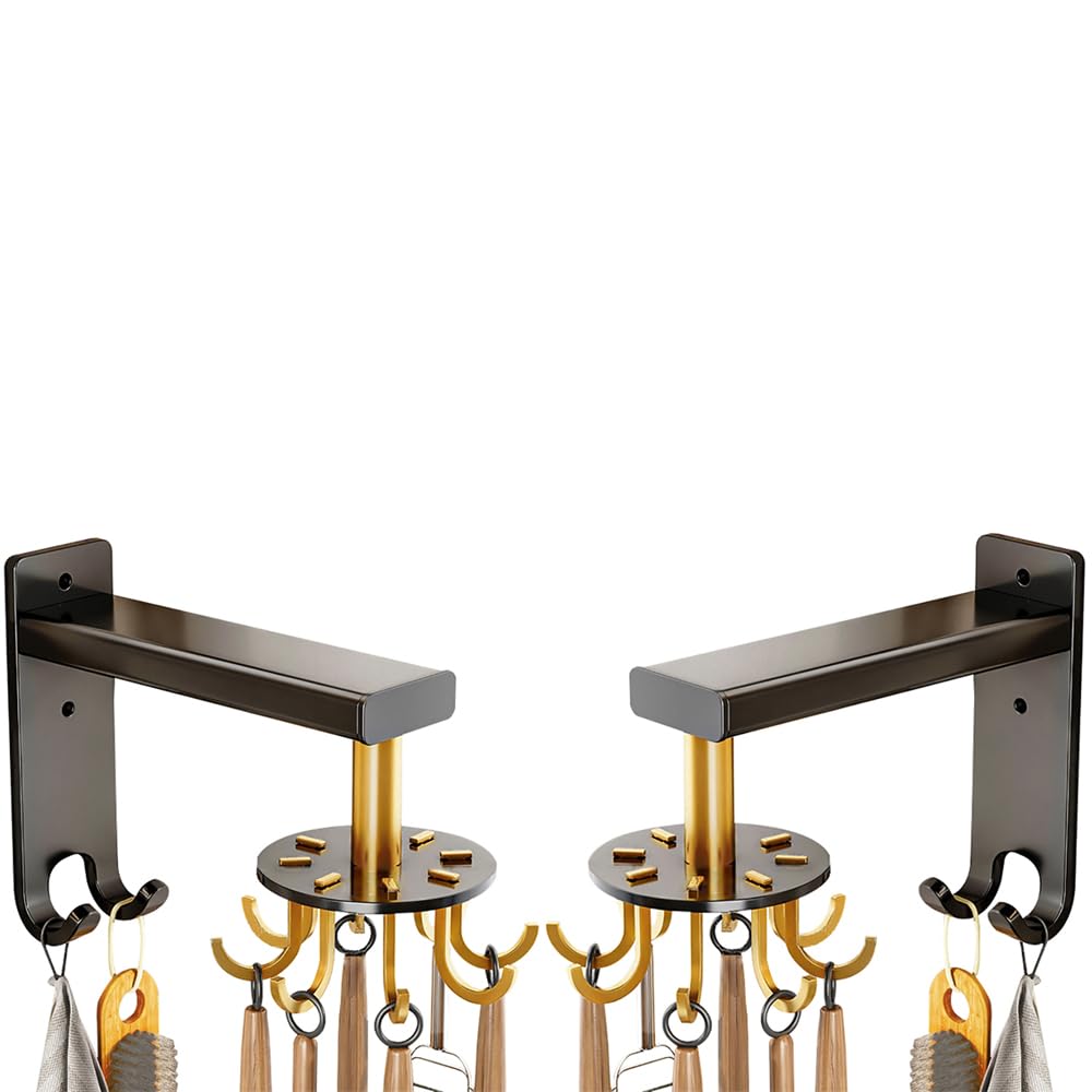 Xyagyund Gold Hanging Pot Rack, 2 Pack Kitchen Utensil Hooks, 360° Rotatable Rack Hangers Aluminum Wall Mounted With 8 For Cabinet Bathroom(Gold)