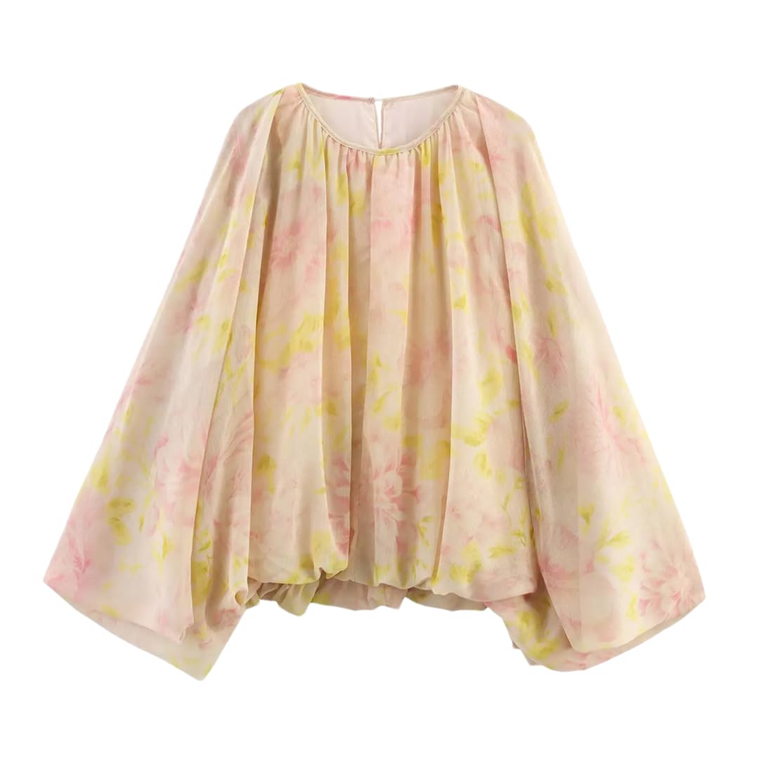 Chemisier décontracté translucide pour femme - Imprimé - Col rond - Manches bouffantes - Chemise plissée