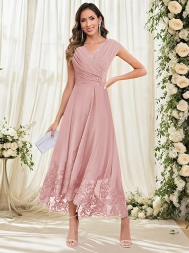 Tea Length Mother of The Bride Dresses for Wedding Lace Applique Cap Sleeve Sequin Formal Evening Dresses for Women Elegant4
