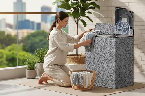 Image of The Furnishing Tree Semi-Automatic Top Load Washing Machine Cover | Waterproof & Dustproof | Easy to Clean | Durable & Washable, Monochrome Floral Vine Print Polyester (53.5x89x99 CM)