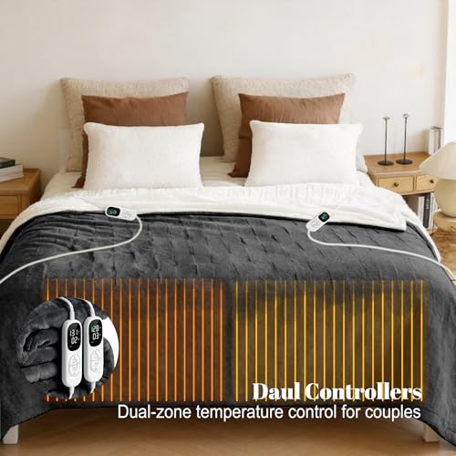 Image of IUUI Heated Blanket Electric Queen Dual Controller- 84x90 Inches Soft Flannel Heating Blanket,Fast Heating Blanket 6 Heating Levels & 2 Hours Auto Off ETL Certification (Dark Grey, Queen)