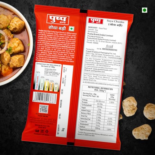 Image of PUSHP Soya Chunks 1kg (Pack of 2) | High Protein & Fiber rich Soyabean Wadi | Nutri Nuggets for Curry, Biryani & Snacks | 100% Vegetarian Soyabean Chunks
