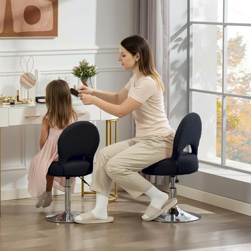 Image of Adjustable Small Vanity Stool Chair with Folding Back for Teenager | 360 Swivel Vanity Chair for Makeup | Teddy Fabric Ottoman Stool for Bedroom Living Room | Small | Black