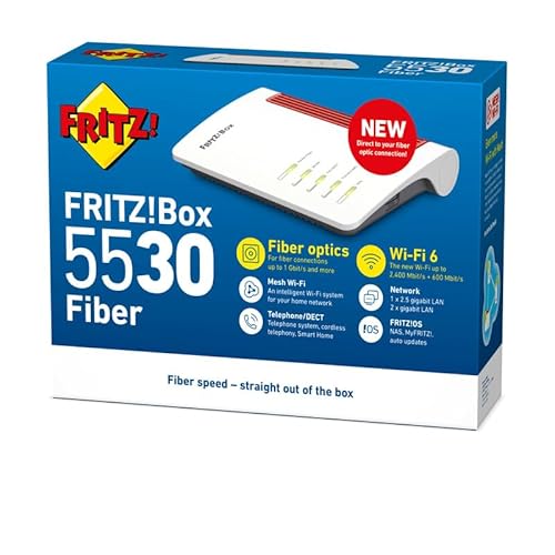 Fritz!Box 5530 Fiber Edition International | Mesh Master | Wi-Fi 6 | 2400 Mbit/s (5 GHz) + 600 Mbit/s (2,4 GHz) | 2,5 Gigabit LAN | 4 X Gigabit LAN | 2 X USB 3.0 | AON + GPON - Router - Immagine 3