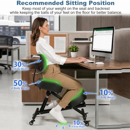 Image of Ergonomic Kneeling Chair with Back Support, Height Adjustable Stool for Home and Office, PU Kneeling Chair for Desk to Relieve Back Discomfort, Thick Moulded Foam Cushions Brake Casters