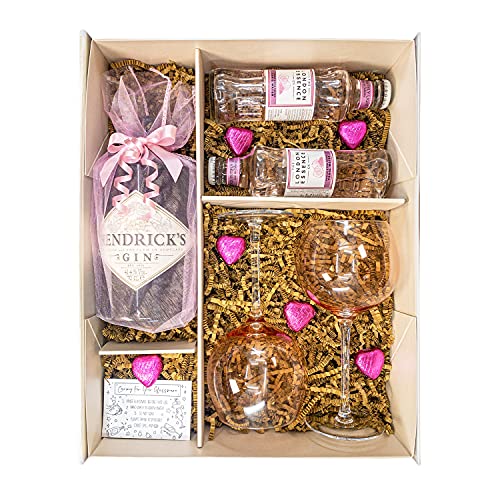 Hendricks 70cl Gin Gift Set Hamper with 2 Tx onic Waters, Balloon Gin Glasses, Belgian Heart Chocolates and Gift Box - Gift For Men and Women, Gin Lovers, Congratulations or Thank you Gift (Pink)