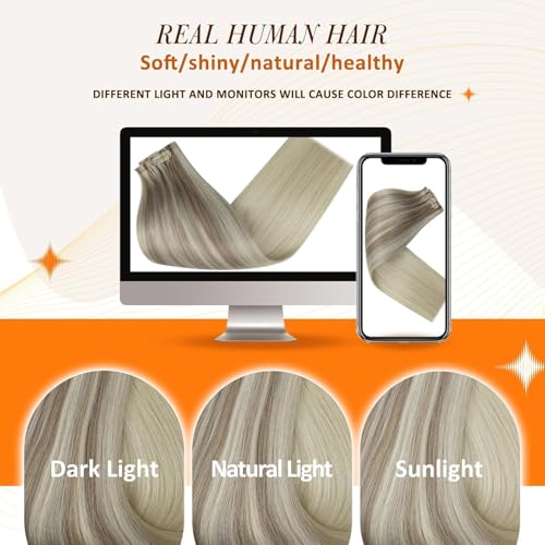 Image of Full Shine Human Hair Clip In Extensions, Ash Blonde 20 Inch | Invisible PU Flat Weft, for Thin Hair to Medium Hair, Heat Safe, Add Volume, Easy to Style, Full Head Lightweight, 8 Pcs 120g