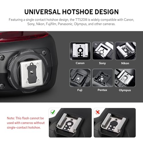 Image of Godox TT520III Camera Flash, GN33 Hotshoe Flash with RT-16 Wireless Trigger | 400 Full Power Flash, 8 Level Steps(1 /128-1 /1), for Canon Nikon Sony Pentax Olympus Fuji Panasonic with Standard Hot Shoe