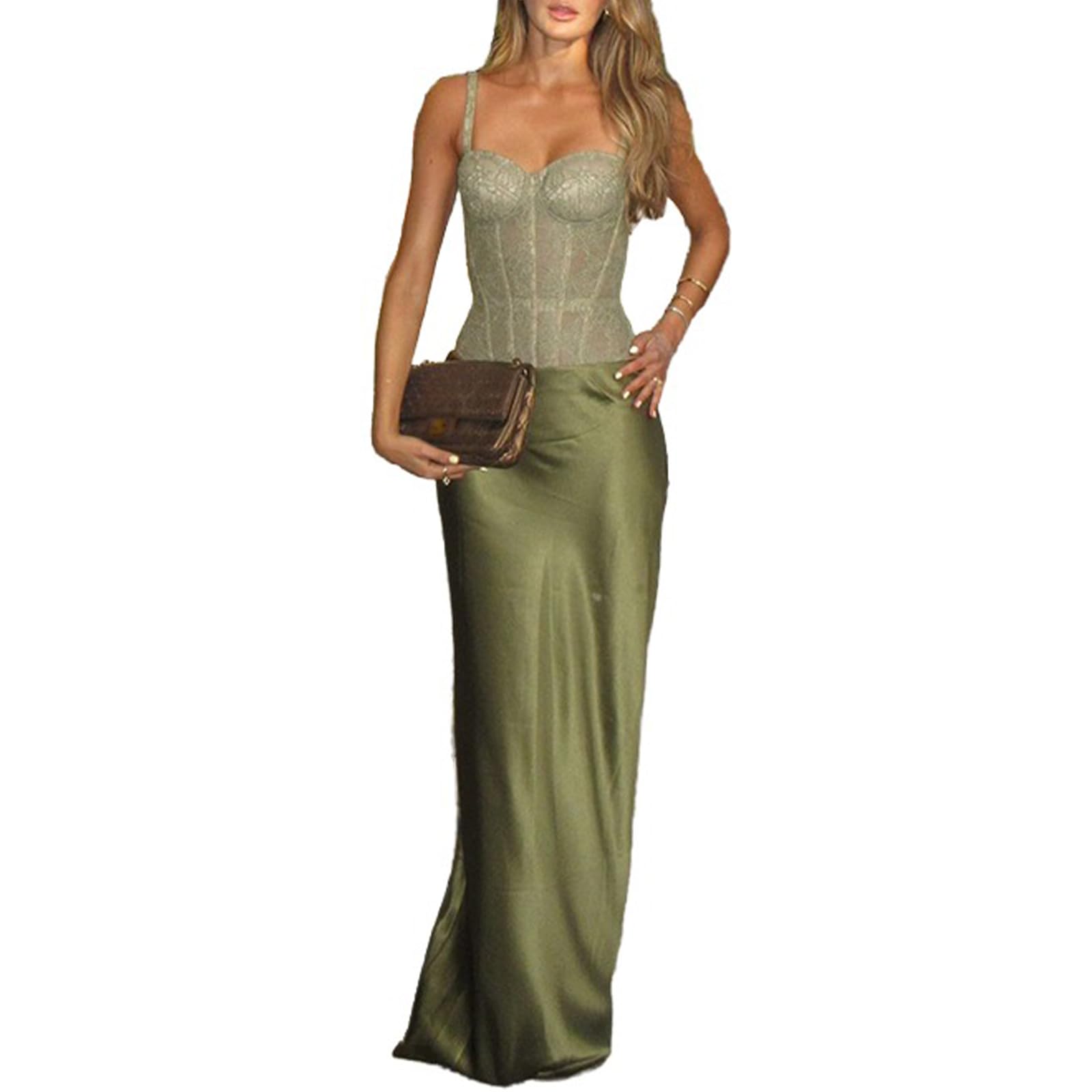Abiti Sexy per le Donne senza Maniche Pizzo Corsetto Top e Seta Maxi Gonna Abiti da Vacanza due Pezzi Set Estate Dressy
