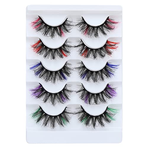 Pawotence Colored Lashes Natural Fluffy Eyelashes Colorful 3D Effect Natural Faux Mink Lashes Wispy Lashes Dramatic Festival False Eyelashes Fluffy 5 Pairs Pack