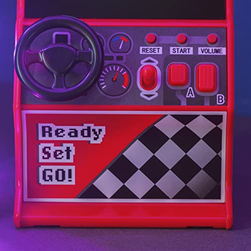 Mini Arcade Racing Machine, 30 In-Built 8-Bit Racing Games, Play Car, Bike, Boat & Skiing Games, 2.4” Full Colour Screen, Steering Wheel, Gear Stick, 2 Buttons, Volume Control - ThumbsUp!