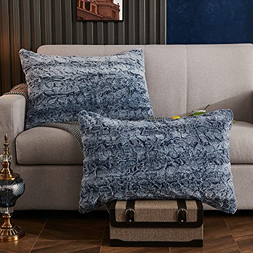 Yaoshuho Fluffy Faux Fur Pillow Covers Ombre Shaggy Pillow Shams Plush Mink Velvet Decorative Throw Pillows Cases Zipper Closure, Set Of 2 (Denim Blue, 20" X 26" Inch) #TOP1