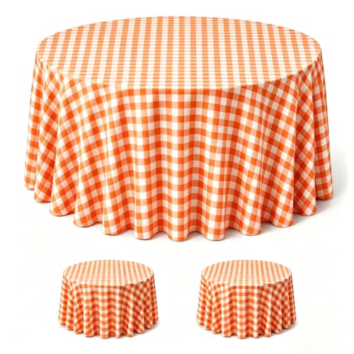 Image of WNINK 2 Pack Orange Gingham Round Tablecloth, 84 Inch Disposable Plastic Table Covers, Orange Checkered Round Table Cover for Birthday Parties, Holiday, Picnic, BBQ, Family Gathering Party Supplies