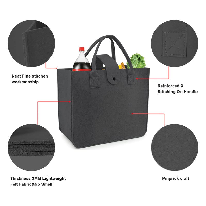 Image of Felt Fabric Reusable Shopping Bag with Handle & Button Closure for Grocery, School, Beach, Travel, Study, Gym, Gifts | Size - 30x34.5x17.8cm