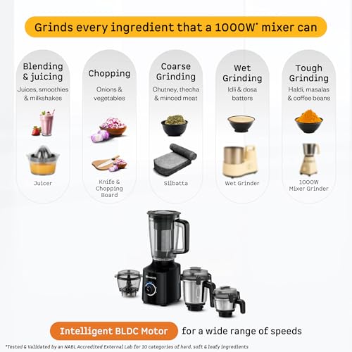 Image of Atomberg Zenova Fresh Juicer Mixer Grinder For Kitchen | Intelligent BLDC Motor | Grind Like 1000 Watt | Coarse Mode for Silbatta Texture | 4 Jar With Chopper | Coconut Milk Maker | Hands-Free | Black