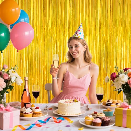Image of Gold Tinsel Backdrop Birthday Decorations, 2Pack Foil Curtain Backdrop Gold Streamers Dance Party Decorations Photo Booth Props for Bachelorette Decors Christmas Halloween New Years Eve Party Supplies