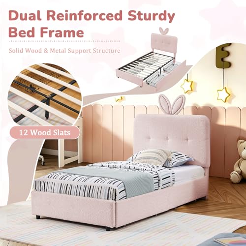 Image of Twin Led Bed Frame with 4 Storage Drawer, Upholstered Platform Floor Bed with Rabbit Ear Headboard Daybed Strong Wooden Slats No Box Spring Needed for Kids Girls Boys, Pink
