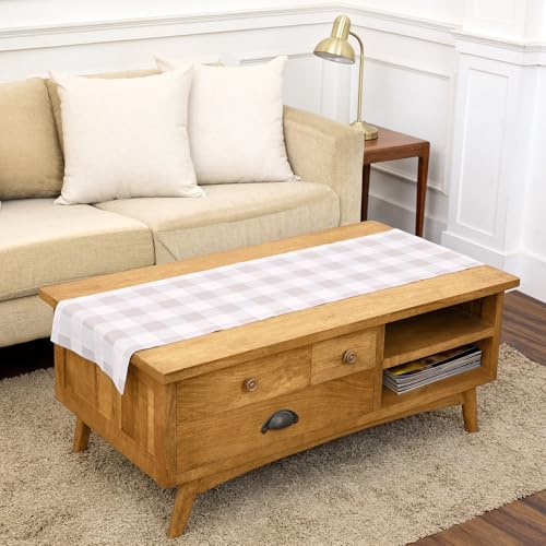 Solino Home Linen Buffalo Check Table Runner 48 Inches - 100% Pure Linen Natural and White Plaid Table Runner 14 x 48 Inch Ideal for Dresser and Coffee Tables - Fall, Halloween, Thanksgiving, Holiday