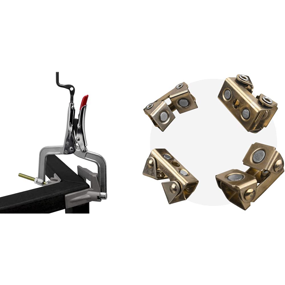 JointMaster, 90 Degree, Angle Clamping Tool, Throat Depth: 3", Max Capacity: 1-1/4", OAL: 8-1/2", Single Hand T-Joint Clamp Tool, PL634, Strong Hand Tools & Magnetic V-Pads Kit