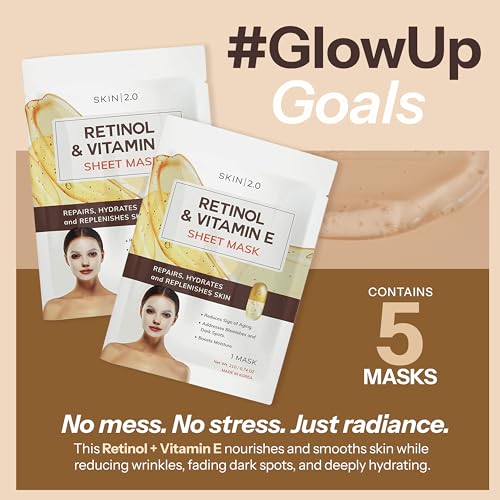 Image of Skin 2.0 Retinol & Vitamin E Sheet Mask - Anti-Aging, Acne Scar & Hyperpigmentation - Hydrating, Dermatologist Tested Korean Skincare - Clean Beauty, Cruelty-Free, All Skin Types - 5 Masks