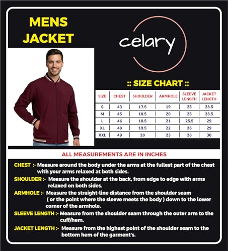 Image of Celary Men's Bomber Jacket Polyester Standard Length | Lightweight Casual Zip-Up Jacket | Stylish Slim Fit Outerwear for All Seasons
