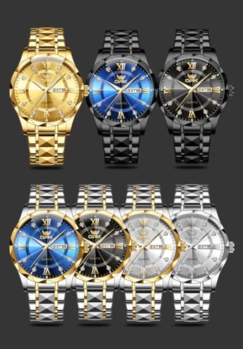 Image of OPK Watches for Men Diamond Roman Analog Mens Watches Waterproof Large Stainless Steel Men Wrist Watch Business Father Gift Watch Blue