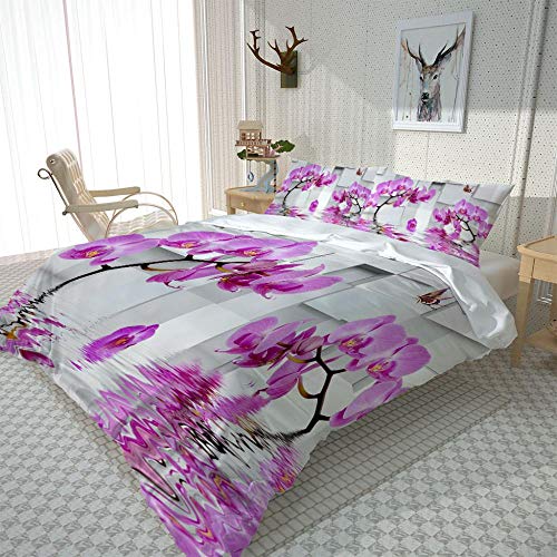 WRIXFA Housse De Couette 200x200cm Motif orchidée Pourpre 3D Housse Couette avec Fermeture Éclair-Sets De Housse Couette avec 2 Taies d'oreiller Parure de lit 3 pièces Cover