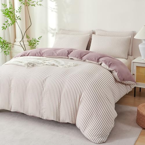 Image of Grayish Purple Striped Comforter Set Queen - 3 Pieces Bedding Comforter Set for All Season, Soft Lightweight Washed Microfiber, 1 Striped Comforter and 2 Pillowcases (Purple, Queen Size)