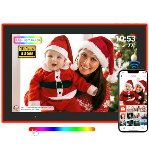 Image of FRAMEO WiFi Digital Picture Frame,Edge-Light Design10.1 inch Photo Frame 32GB,HD IPS Touch Screen LED Light, Wall-Mounted,Easy Set Up Share Photos and Videos via Frameo App