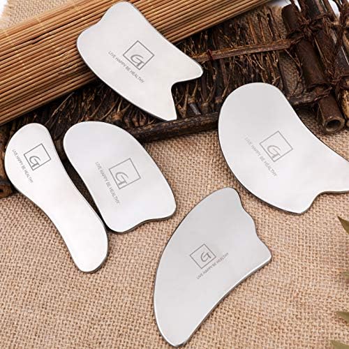 Gua Sha Scraping Massage Tool Jade Set Facial Back Massager for Physical Therapy Reduce Muscle Pain Tendon Scraper Myofascial Release & Breaking Scar Tissue (Titanium, 5 Piece Set)