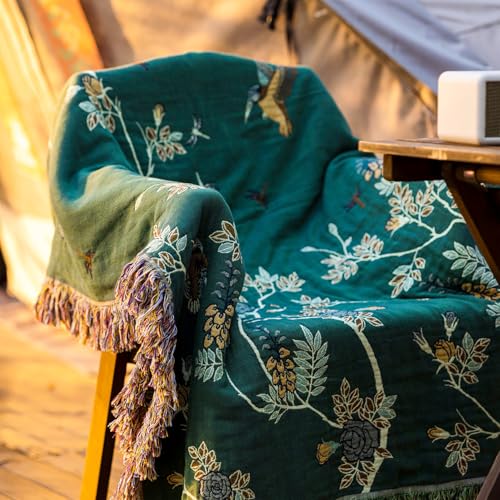 Snycler Boho Throw Blanket for Bed - 100% Cotton Ultra Soft Rustic Quilt Green Hummingbird Printed Farmhouse Decor Bed Blankets,80"×90" All Season Rustic Throw for Sofa Couch Chair