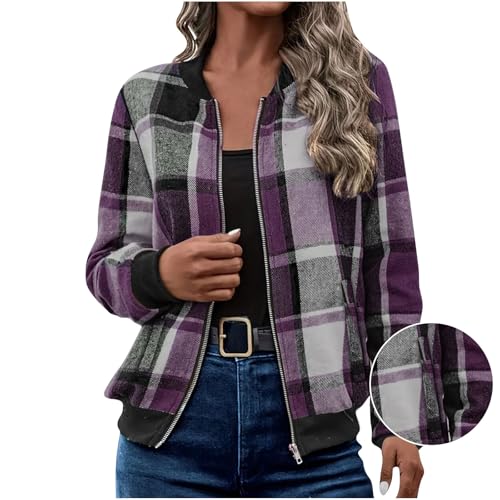 Plaid Bomber Jackets for Women Full Zip Up Womens Fashion 2025 Trendy Fall Coats Flannel Shackets3