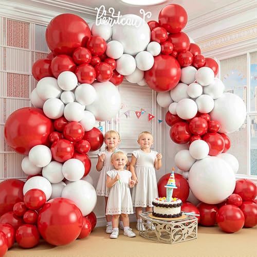 Image of 412Pcs Red and White Balloon Garland Arch kit, 18 12 10 5 Inch Different Size Red White Latex Balloons for Graduation Birthday Wedding Party Valentine's Day Decoration