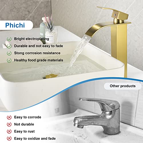 Phichi Tall Waterfall Bathroom Faucet Single Handle One Hole, Brushed Gold Faucet For Bathroom Sink, Vanity Sink Faucet With Pop-Up Drain #TOP7