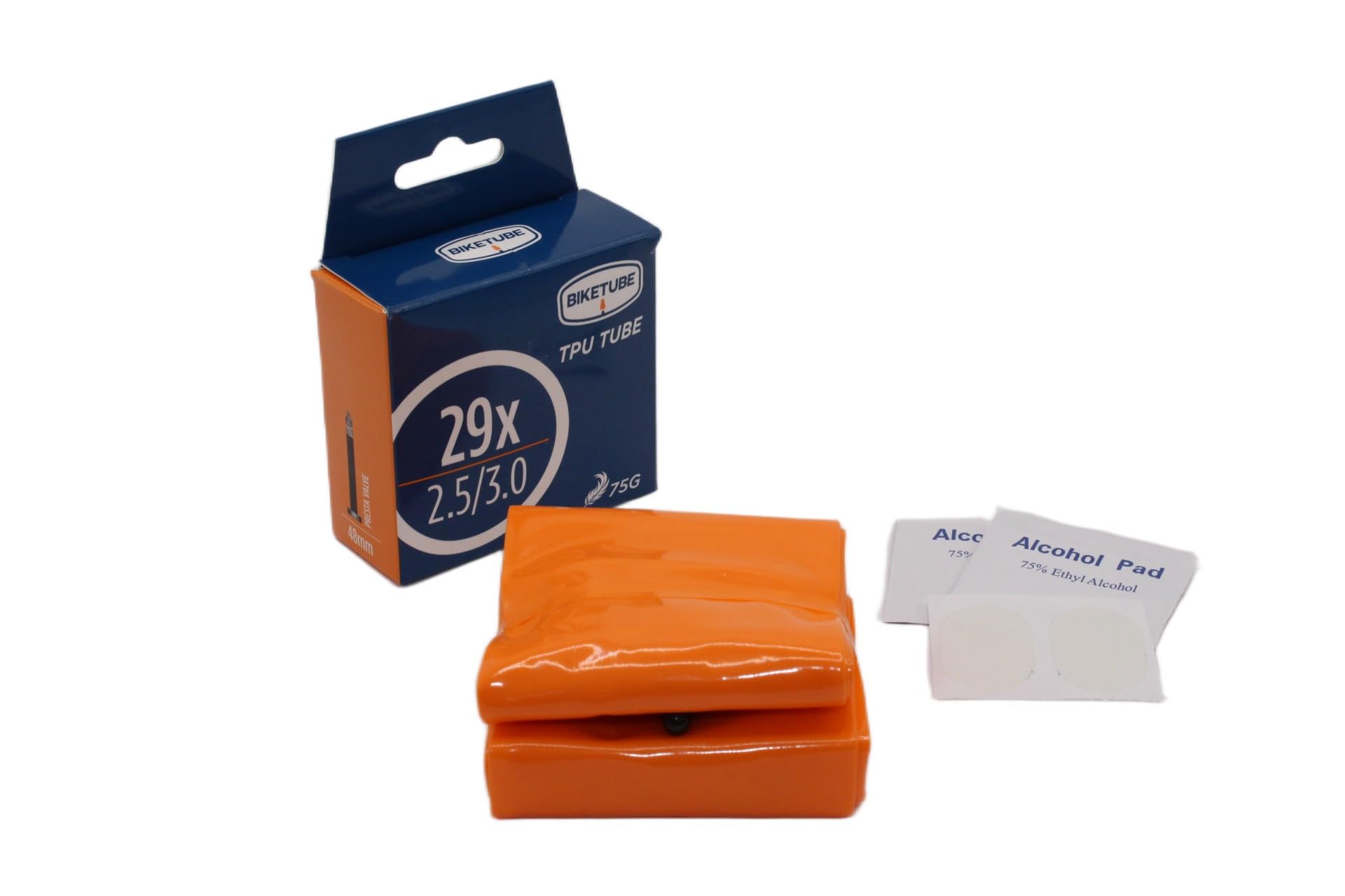 29″ x 1.9–2.5″ or 2.5–3.0″ TPU Mountain Bike Inner Tube by BIKETUBE BRAND – Lightweight, Strong, and Packable – 48mm or 60mm Presta Valve – Fits 29er