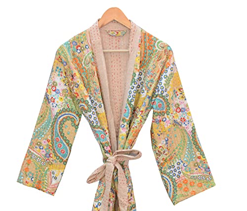 Indian Cotton Paisley Printed Beach Wear Winter Robe Kantha Quilted Kimono Jacket Tunic Night Bathrobe Gown Kantha Quilted Coat Red #TOP5