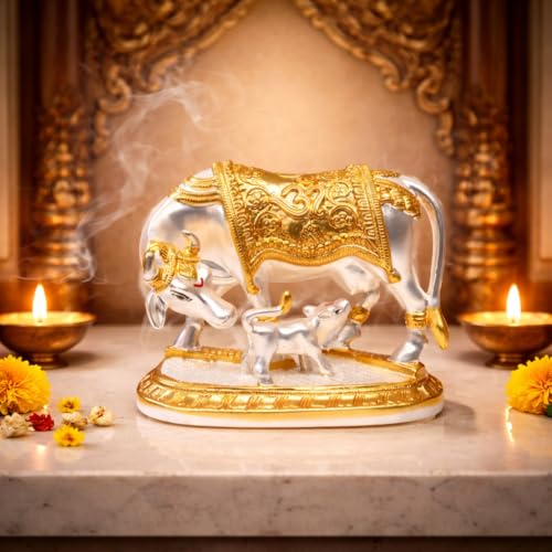 Image of Gold Art India Kamdhenu Cow with Calf Idol Gold Silver Plated with Matte Finish | Home Decor Gaay Bachda Cow |Calf for Vastu | Positive Energy | Wealth Idol Diwali Puja