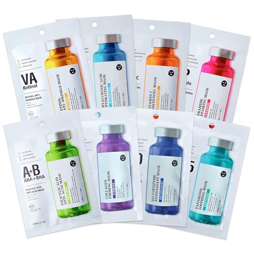 8 Pezzi Maschere Viso in Tessuto, Maschera viso idratante, Maschera Bellezza Viso, Idratante e Illuminante, Set di maschere in panno per ogni tipo di pelle, Ogni Condizione Della Pelle per Donne