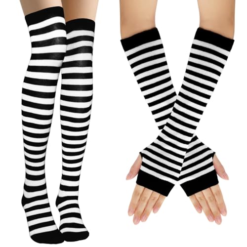Fnuqz Women Socks Striped Knee High Socks Leg Arm Warmer Fingerless Gloves Set Halloween Cosplay (Black and White)