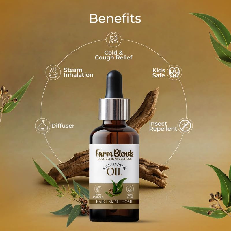 Image of Farm Blends Eucalyptus Nilgiri Essential Oil 100% Undiluted Pure | for Steam Inhalation, Cough Relief, Relaxes Muscle, Diffuser | Farm To Home Natural | Eucalyptus globulus| 15ml+15ml (Pack of 2)
