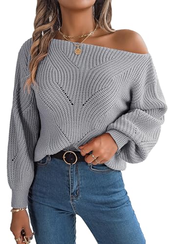 SEAUR Womens Casual Off Shoulder Sweater Loose Batwing Long Sleeve Pullover Sweater Crochet Hollow Knit Jumper Tops