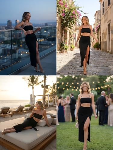 Image of GRECIILOOKS Women Two Piece Co-Ord Set | Crop Top & High Slit Maxi Skirt | Party Look Stylish Summer Co Ord Set Outfit | Figure Hugging Maxi Dress|Perfect for Casual Outings