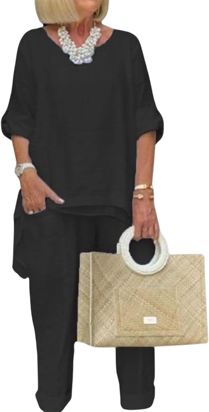 Womens 2 Piece Linen Pantsuit for Women Elegant Pants Suit Cotton Plus Size Outfit