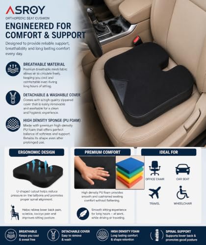 Image of asroy Orthopedic Seat Cushion for Office Chair, Car Seat & Wheelchair | High Density Polyurethane (PU) Foam | Breathable Mesh Cover | Coccyx & Tailbone Support | Ergonomic Black Cushion (SE-1.0)